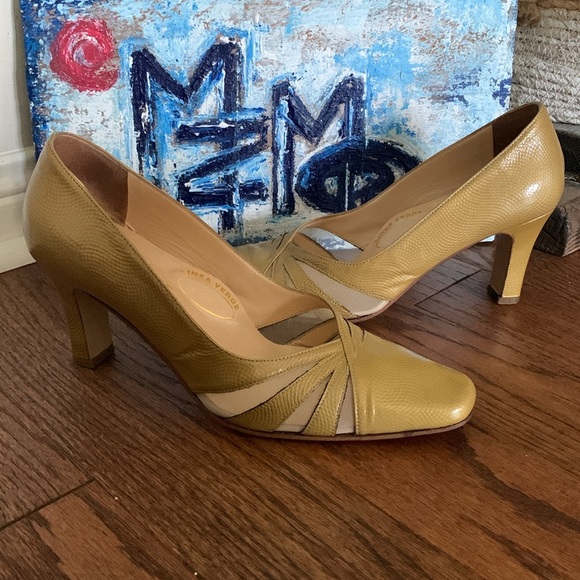 Linea Verde Sz 38 Italian Marigold Leather Snake Square Toe Heel Mesh Cut Outs - Picture 5 of 12